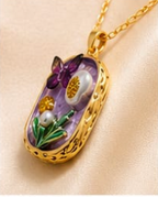 Gold 3D Butterfly Garden Lavender Terrarium Oval Locket Necklace