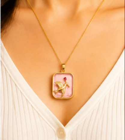 Gold 3D Rooster & Ruby Crystal Blush Pink Resin Rectangular Pendant Necklace