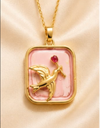 Gold 3D Rooster & Ruby Crystal Blush Pink Resin Rectangular Pendant Necklace