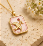 Gold 3D Rooster & Ruby Crystal Blush Pink Resin Rectangular Pendant Necklace