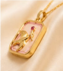 Gold 3D Rooster & Ruby Crystal Blush Pink Resin Rectangular Pendant Necklace