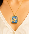Gold 3D Flying Swallow & Ruby Crystal Sky Blue Resin Rectangular Pendant Necklace