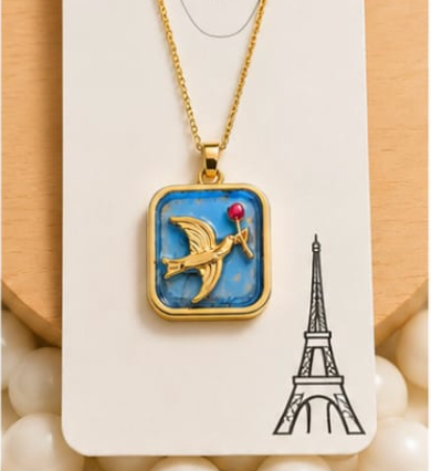 Gold 3D Flying Swallow & Ruby Crystal Sky Blue Resin Rectangular Pendant Necklace
