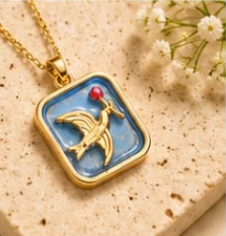 Gold 3D Flying Swallow & Ruby Crystal Sky Blue Resin Rectangular Pendant Necklace