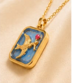 Gold 3D Flying Swallow & Ruby Crystal Sky Blue Resin Rectangular Pendant Necklace