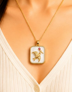Gold 3D Flying Swallow & Ruby Crystal Mother-of-Pearl Rectangular Pendant Necklace