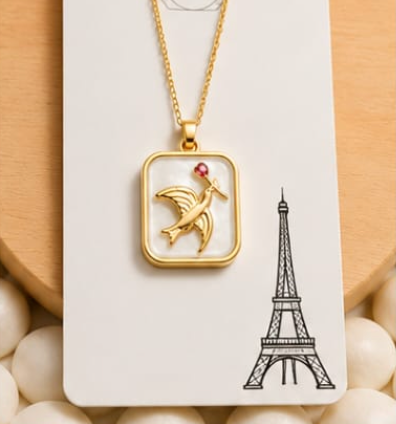 Gold 3D Flying Swallow & Ruby Crystal Mother-of-Pearl Rectangular Pendant Necklace