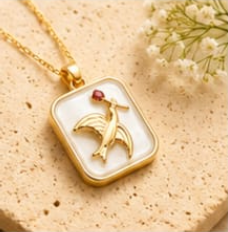 Gold 3D Flying Swallow & Ruby Crystal Mother-of-Pearl Rectangular Pendant Necklace