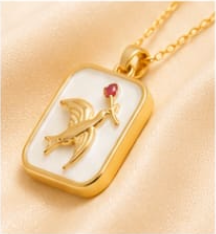 Gold 3D Flying Swallow & Ruby Crystal Mother-of-Pearl Rectangular Pendant Necklace