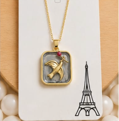 Gold 3D Flying Swallow & Ruby Crystal Grey Resin Rectangular Pendant Necklace