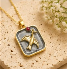 Gold 3D Flying Swallow & Ruby Crystal Grey Resin Rectangular Pendant Necklace