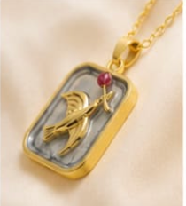 Gold 3D Flying Swallow & Ruby Crystal Grey Resin Rectangular Pendant Necklace