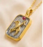 Gold 3D Flying Swallow & Ruby Crystal Grey Resin Rectangular Pendant Necklace