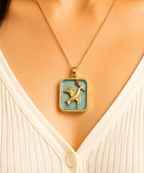 Gold 3D Flying Swallow & Ruby Crystal Sage Green Resin Rectangular Pendant Necklace
