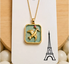 Gold 3D Flying Swallow & Ruby Crystal Sage Green Resin Rectangular Pendant Necklace