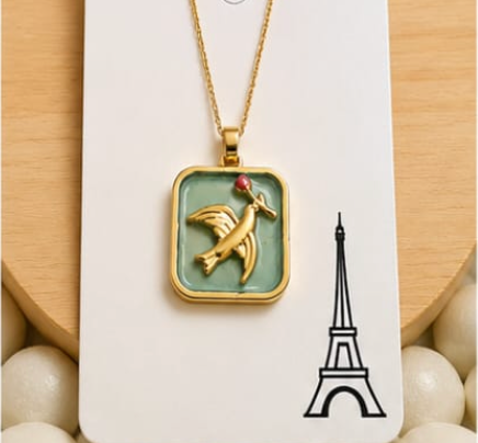 Gold 3D Flying Swallow & Ruby Crystal Sage Green Resin Rectangular Pendant Necklace