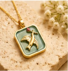Gold 3D Flying Swallow & Ruby Crystal Sage Green Resin Rectangular Pendant Necklace