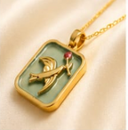 Gold 3D Flying Swallow & Ruby Crystal Sage Green Resin Rectangular Pendant Necklace