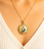Gold 3D Tulip & Dandelion Pearl Terrarium Circle Pendant Necklace