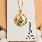 Gold 3D Tulip & Dandelion Pearl Terrarium Circle Pendant Necklace