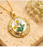 Gold 3D Tulip & Dandelion Pearl Terrarium Circle Pendant Necklace