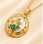 Gold 3D Tulip & Dandelion Pearl Terrarium Circle Pendant Necklace