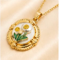 Gold 3D Tulip & Dandelion Pearl Terrarium Circle Pendant Necklace