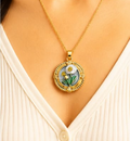 Gold 3D Tulip & Dandelion Pearl Terrarium Circle Pendant Necklace - Grey