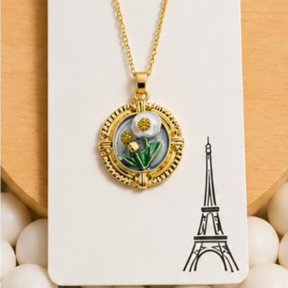 Gold 3D Tulip & Dandelion Pearl Terrarium Circle Pendant Necklace - Grey