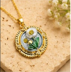 Gold 3D Tulip & Dandelion Pearl Terrarium Circle Pendant Necklace - Grey