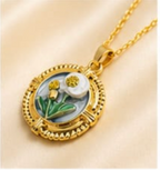 Gold 3D Tulip & Dandelion Pearl Terrarium Circle Pendant Necklace - Grey