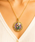 Gold 3D Tulip & Dandelion Pearl Terrarium Circle Pendant Necklace - Lavender