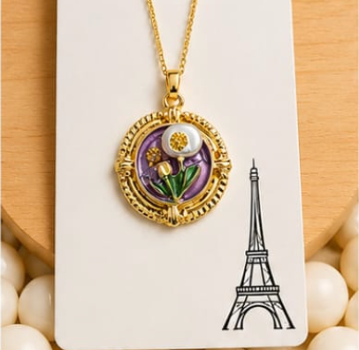 Gold 3D Tulip & Dandelion Pearl Terrarium Circle Pendant Necklace - Lavender