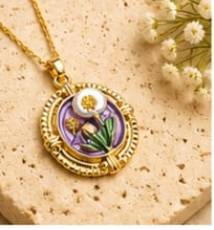 Gold 3D Tulip & Dandelion Pearl Terrarium Circle Pendant Necklace - Lavender