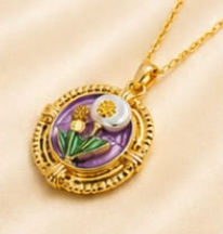 Gold 3D Tulip & Dandelion Pearl Terrarium Circle Pendant Necklace - Lavender