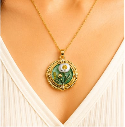 Gold 3D Daisy & Pearl Terrarium Circle Pendant Necklace - Sage Green