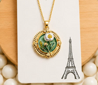 Gold 3D Daisy & Pearl Terrarium Circle Pendant Necklace - Sage Green