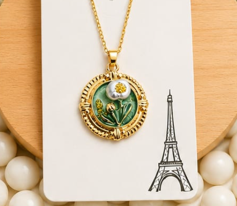 Gold 3D Daisy & Pearl Terrarium Circle Pendant Necklace - Sage Green