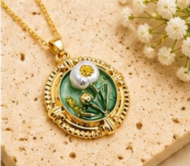 Gold 3D Daisy & Pearl Terrarium Circle Pendant Necklace - Sage Green