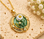 Gold 3D Daisy & Pearl Terrarium Circle Pendant Necklace - Sage Green