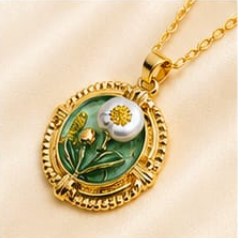 Gold 3D Daisy & Pearl Terrarium Circle Pendant Necklace - Sage Green