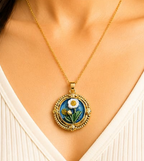 Gold 3D Daisy & Pearl Terrarium Circle Pendant Necklace - Cobalt Blue