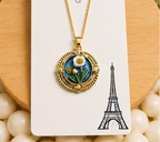 Gold 3D Daisy & Pearl Terrarium Circle Pendant Necklace - Cobalt Blue