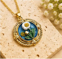 Gold 3D Daisy & Pearl Terrarium Circle Pendant Necklace - Cobalt Blue