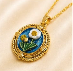Gold 3D Daisy & Pearl Terrarium Circle Pendant Necklace - Cobalt Blue