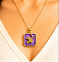 Gold 3D Flying Swallow & Ruby Crystal Purple Resin Square Pendant Necklace