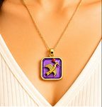 Gold 3D Flying Swallow & Ruby Crystal Purple Resin Square Pendant Necklace