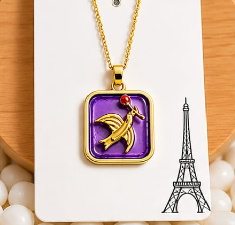 Gold 3D Flying Swallow & Ruby Crystal Purple Resin Square Pendant Necklace