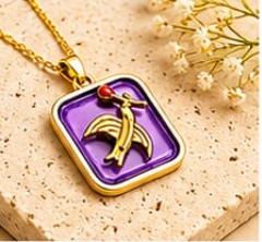 Gold 3D Flying Swallow & Ruby Crystal Purple Resin Square Pendant Necklace