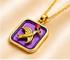 Gold 3D Flying Swallow & Ruby Crystal Purple Resin Square Pendant Necklace